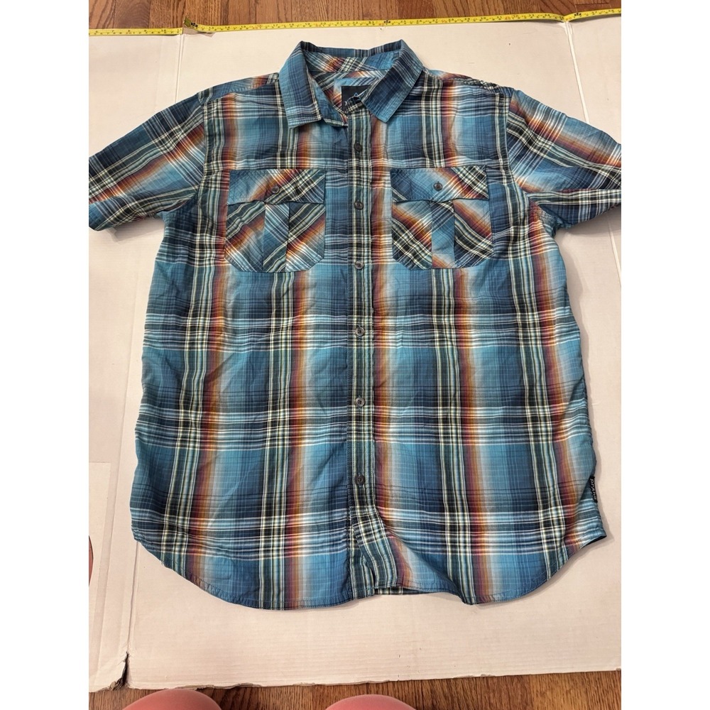 Prana Short Sleeve Plaid Button Up Shirt Hiking Mens Large Teal Outdoors
